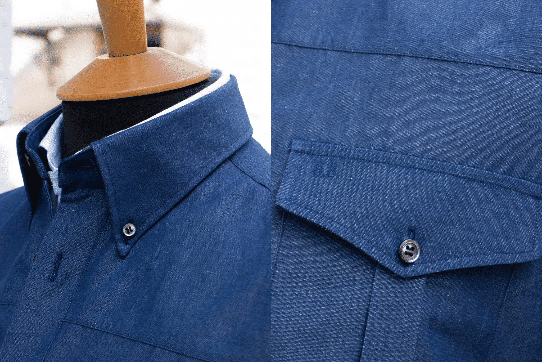 Surchemise homme - bespoke overshirt - composition vue col boutonné et poche poitrine. Boutons en nacre de Tahiti - Revenga Chemisiers Genevois