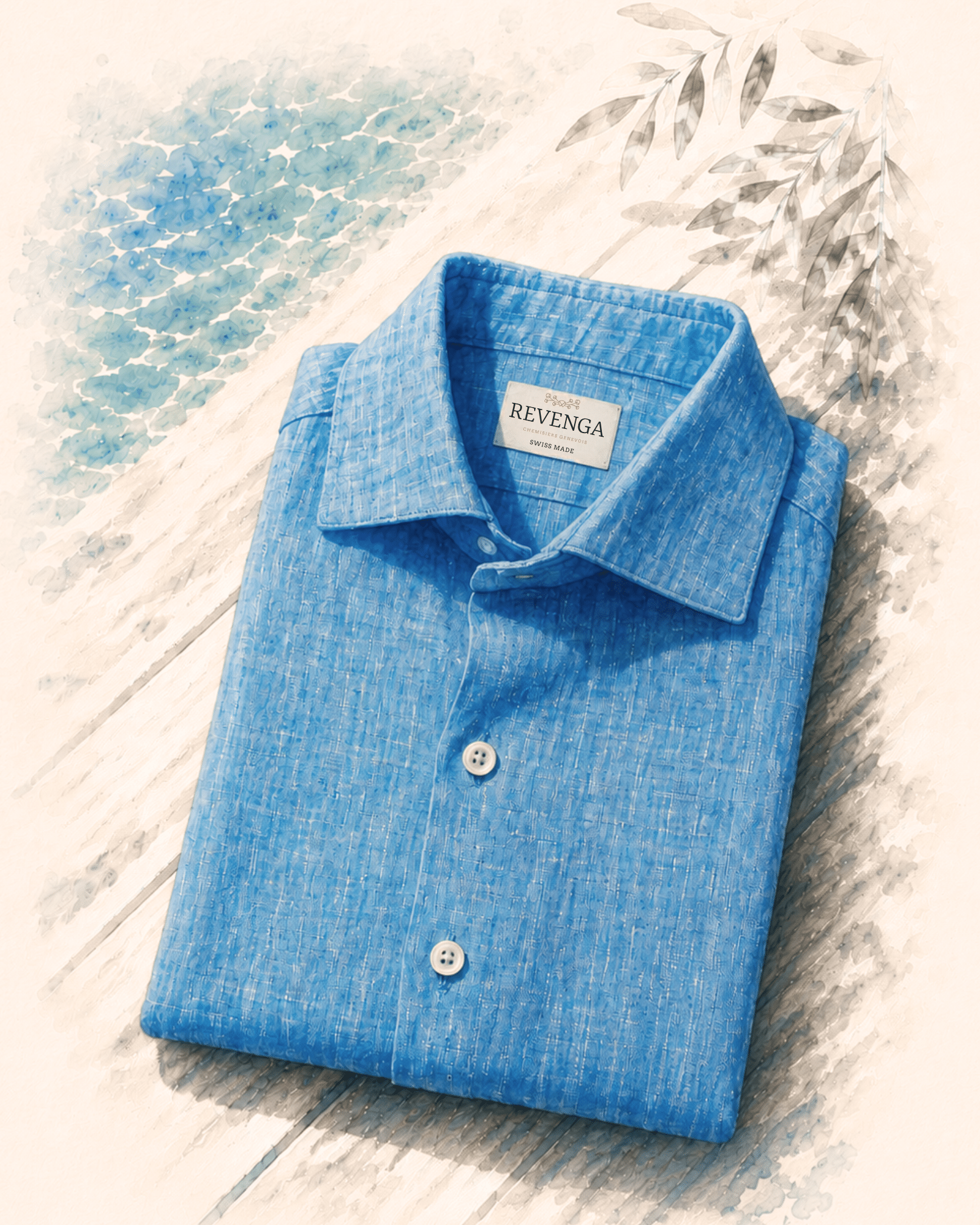 Bespoke Turqoise Linen Shirt - Watercolor by the lake Chemise sur mesure en Lin Turquoise Tailleur Genève