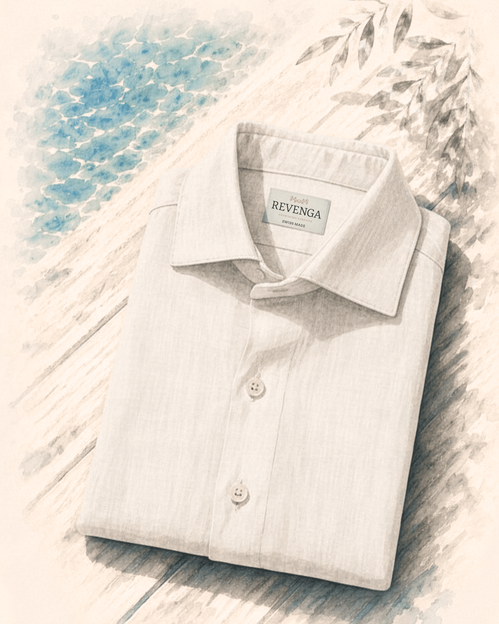 Bespoke White Linen Shirt - Watercolor by the lake Chemise sur mesure en Lin Blanc Tailleur Genève
