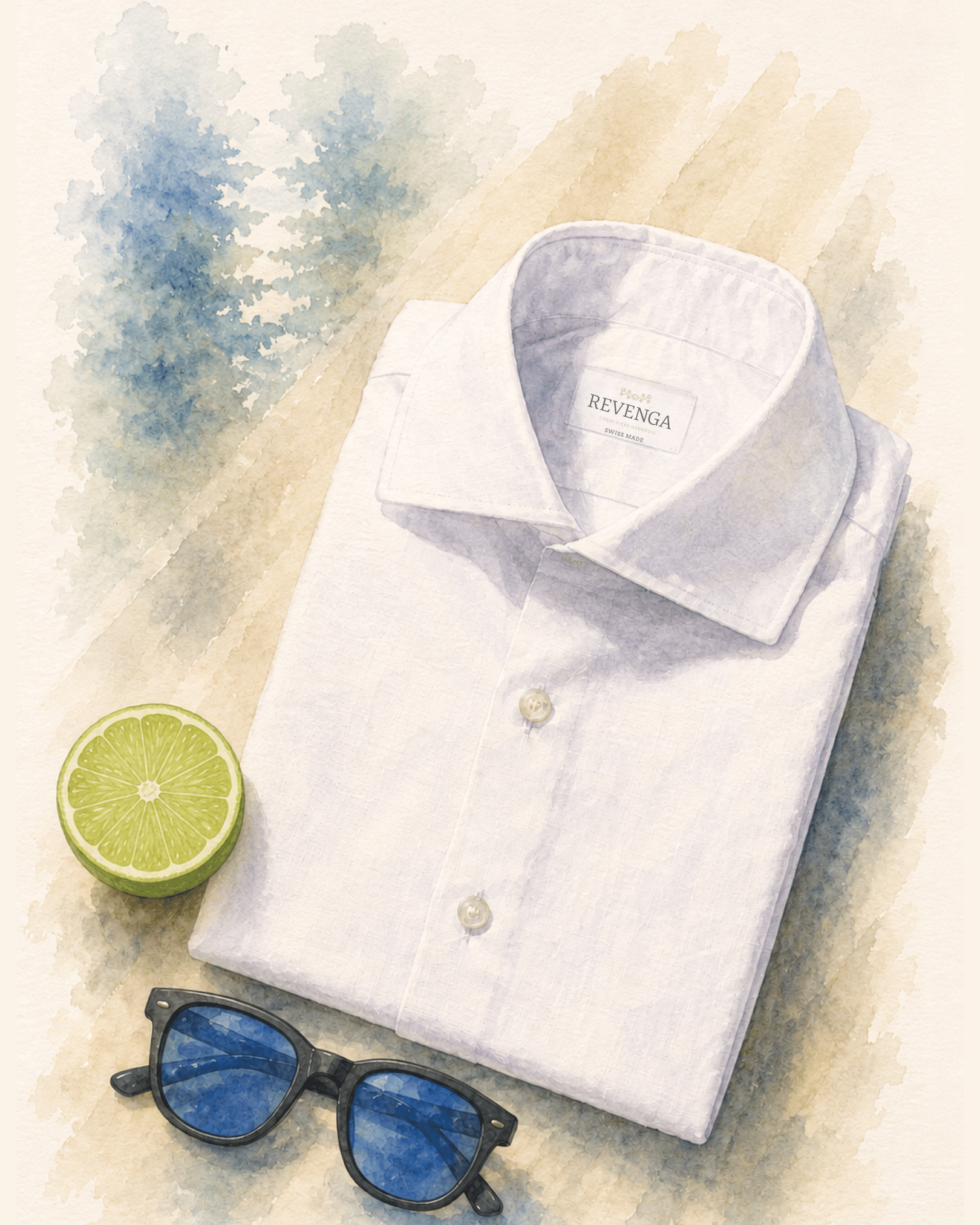 Bespoke White Zephirlino Shirt - Watercolor Chemise sur mesure en Zephirlino Blanc Tailleur Genève Chemise sur mesure
