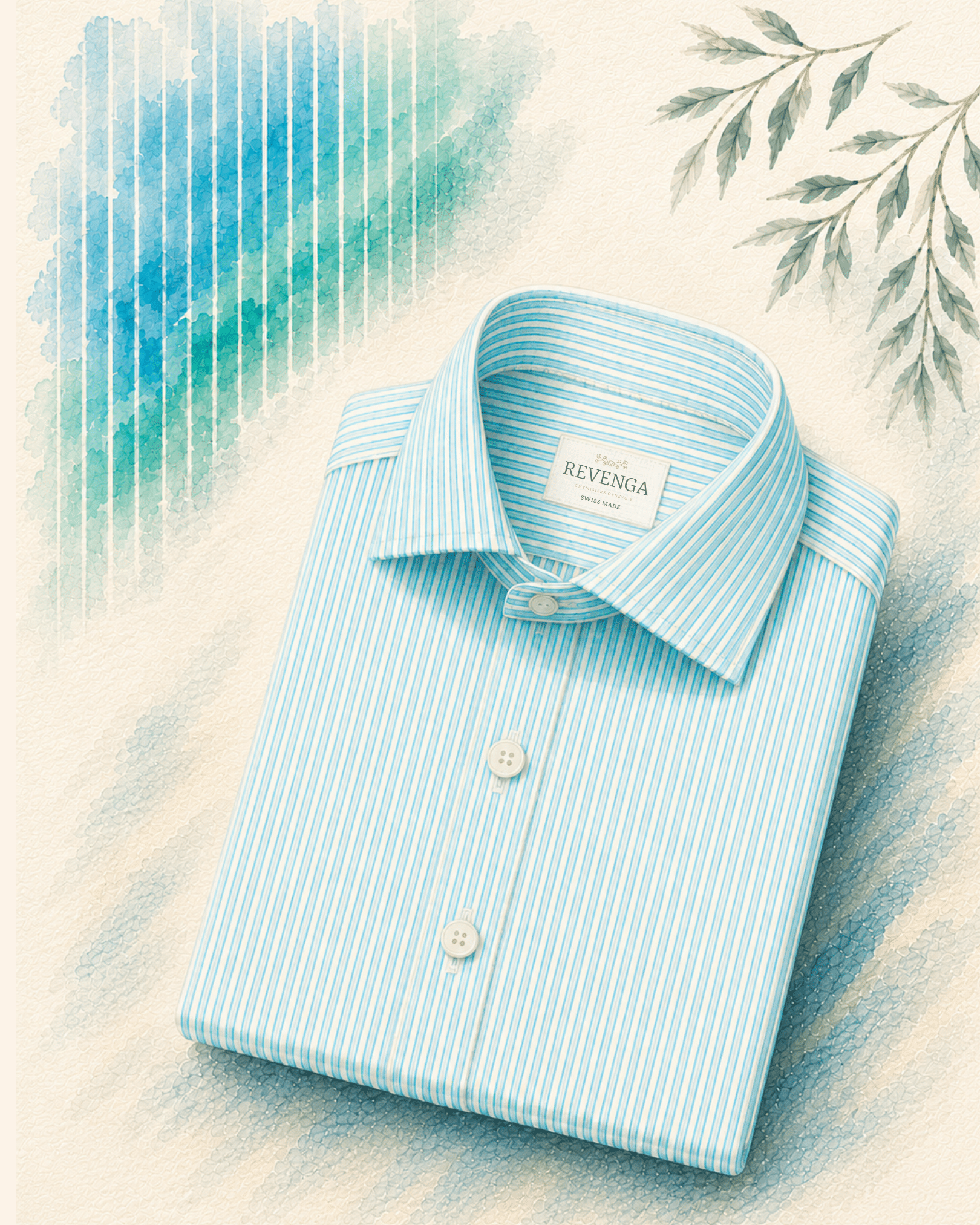 Striped White and Turquoise Cotton & Linen Shirt - watercolor Chemise rayée en cotton et en lin - couleurs blanc et turquoise Tailleur Genève Geneva Tailor
