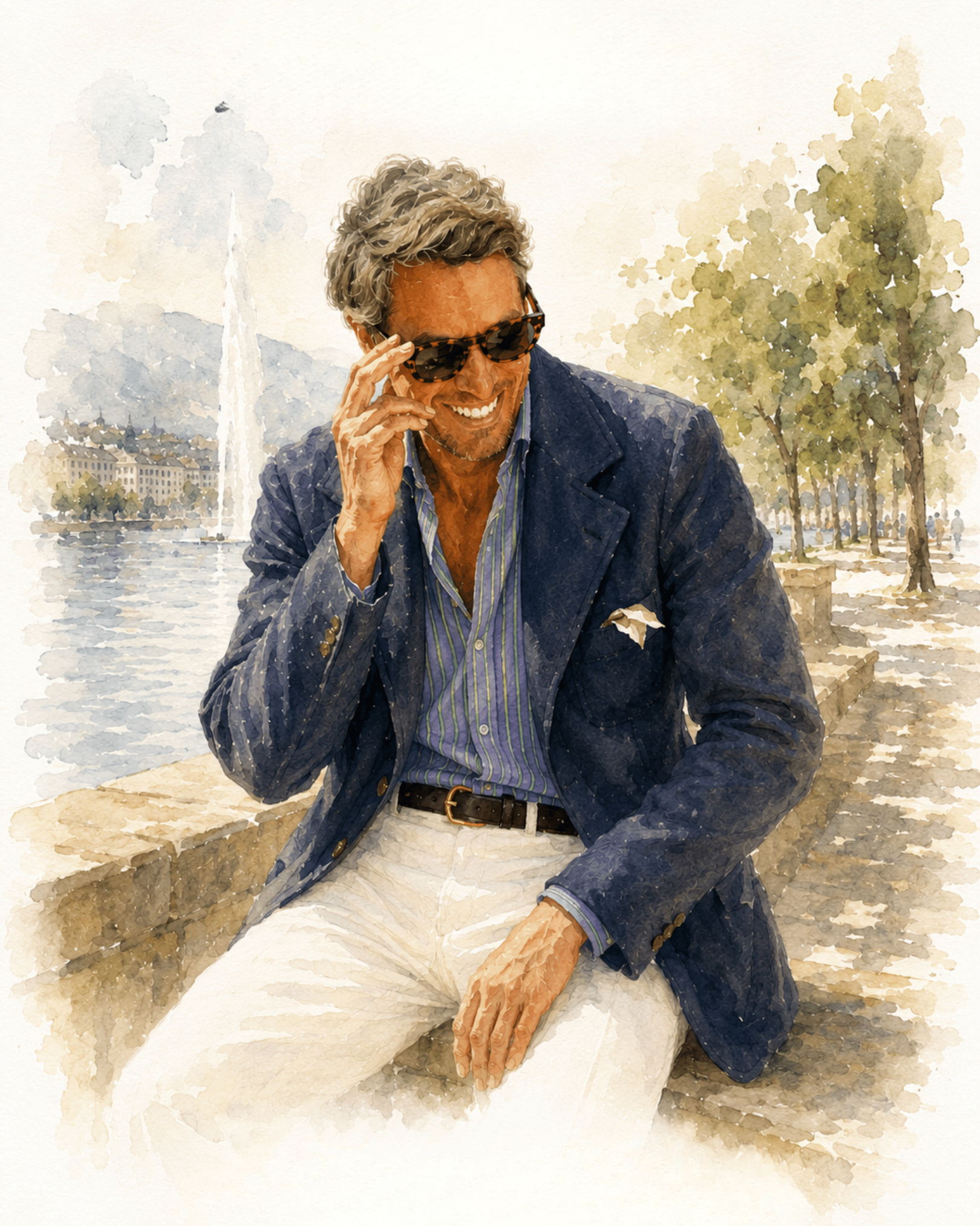 Costumes sur mesure Genève - Vue de Bienluienapris portant une veste de costume sur mesure avec épaule napolitaine en hopsack View of Bienluienapris wearing a suit jacket with Neapolitan shoulders made of hopsack.